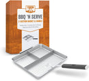 Silver Yukon Glory BBQ 'N Serve 3-Section BBQ Grill Basket with a detachable black handle, designed to keep foods separate while grilling.