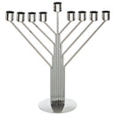 Modern silver menorah with a sleek, contemporary design. It features a polished metal finish with nine symmetrical candle holders arranged in a traditional Hanukkah menorah shape. The central stem is composed of multiple parallel rods that extend upwards, branching out into diagonal arms supporting the candle holders. The menorah stands on a round, flat base, ensuring stability. Perfect for Hanukkah celebrations, this elegant menorah blends traditional symbolism with a minimalist aesthetic.