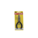 A 6 1/2 inch long nose pliers that has a pivot point and a black ergonomically curved cushioned handles for a comfortable and secure grip.
