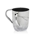 A wash cup with a white and gray marble pattern on its body and a shiny silver metal handle.