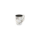A wash cup with a white, brown, and gold marble pattern and two shiny silver handles.