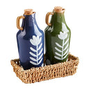 Mud Pie Dotted Oil Vinegar Set, decanter 7 1/4" x 2" dia | basket 3" x 6", Blue