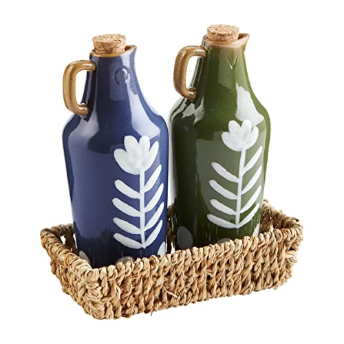 Mud Pie Dotted Oil Vinegar Set, decanter 7 1/4" x 2" dia | basket 3" x 6", Blue