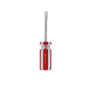 Flathead screwdriver with a red and transparent plastic handle. Designed for general-purpose screwdriving tasks.