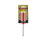 Flathead screwdriver with a red and transparent plastic handle. Designed for general-purpose screwdriving tasks.