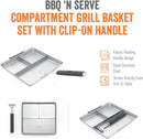 Silver Yukon Glory BBQ 'N Serve 3-Section BBQ Grill Basket with a detachable black handle, designed to keep foods separate while grilling.