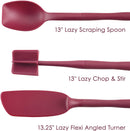 Rachael Ray 3-piece Lazy Tools set in burgundy red, including a turner, spoon, and Chop & Stir utensil, displayed on a white background.