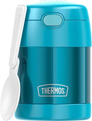 THERMOS FUNTAINER 10-ounce teal kids food jar with folding spoon and push-button lid, displayed on a white background.