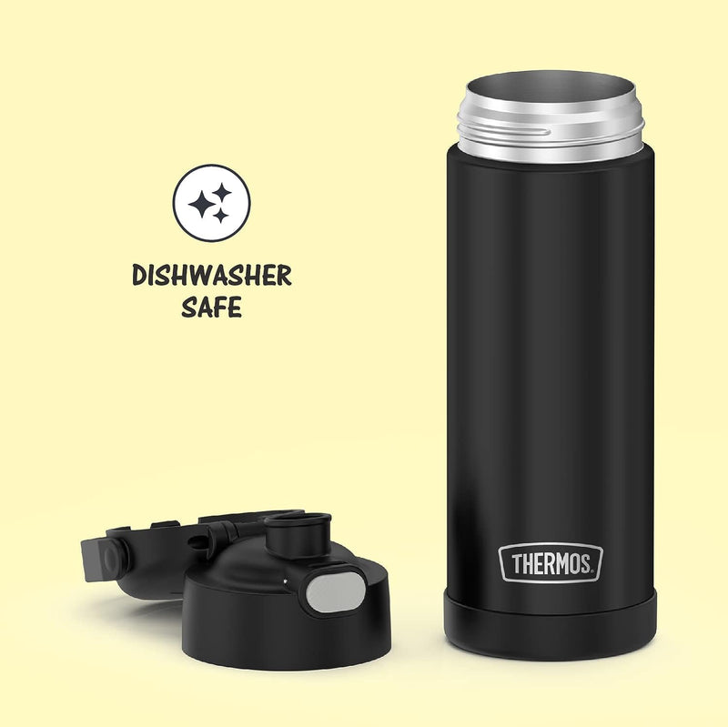 THERMOS FUNTAINER 16 Ounce Stainless Steel Vacuum Insulated Bottle with Wide Spout Lid, Black Matte