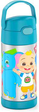 Cocomelon-themed THERMOS FUNtainer 12oz stainless steel kids straw bottle with a soft-touch carry handle, displayed on a white background.