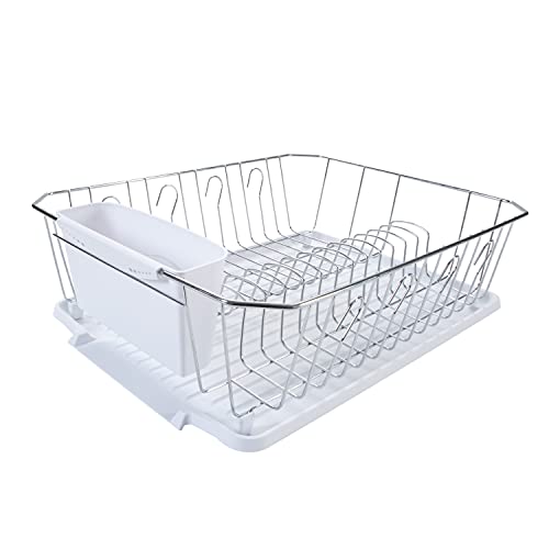 Kitchen Details 3 Piece Dish Rack | Drying Rack, Cutlery Basket & Drainboard Tray | Countertop | Self Draining | Rust Resistant | Chrome | White