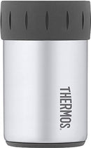 A short, silver stainless steel beverage insulator (coozie) with a removable gray rubber collar/gasket at the top. The Thermos logo is vertical on the side.