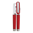Red stainless steel can opener with ergonomic handles and built-in bottle opener