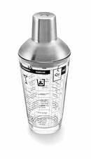 Outset glass cocktail shaker with a stainless steel lid. The glass base is printed with six drink recipes and measurement markings in both ounces and milliliters.