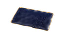 Blue rectangular porcelain platter with vibrant gold-tone rim on a white background.