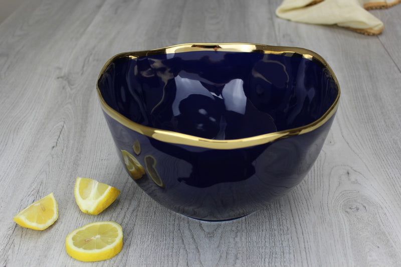 Extra Large Blue with Gold Band Ceramic Bowl