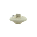 Round beige lavatory and sink stopper with pull ring.