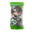 Two round stainless steel metal scourers.