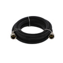 A coiled black rubber washing machine inlet hose with brass connectors on both ends, secured with a white tie, presented against a clean white background.