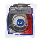 A packaged Aqua Plumb washing machine inlet hose, 12 feet long, featuring a black hose with solid brass nuts and ferrules, complete with washers, visible through its clear plastic and red/blue cardboard packaging, all set against a white background.