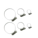 Set of six adjustable stainless steel hose clamps.