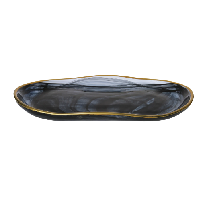 Black Alabaster Oval Tray With Gold Scalloped 11"x5.5"