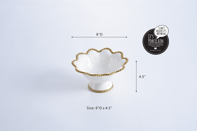 White Ceramic Footed Bowl with Gold Pearls