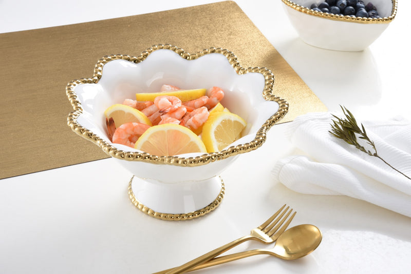 White Ceramic Footed Bowl with Gold Pearls