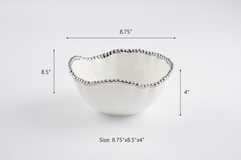 Medium Ceramic White Salad Bowl with Silver Pearls