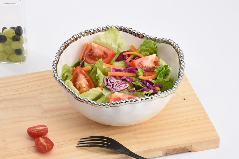 Medium Ceramic White Salad Bowl with Silver Pearls