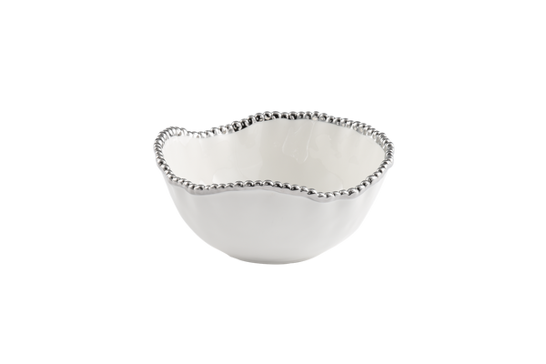 Medium Ceramic White Salad Bowl with Silver Pearls