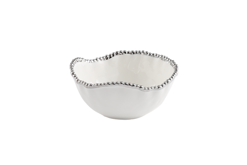 Medium Ceramic White Salad Bowl with Silver Pearls