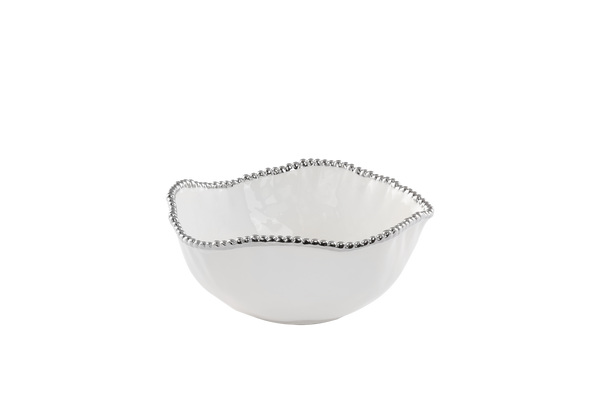 Large Ceramic White Salad Bowl with Silver Pearls