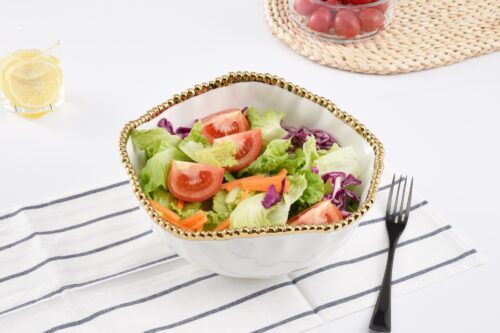 Large Ceramic White Salad Bowl with Gold Pearls