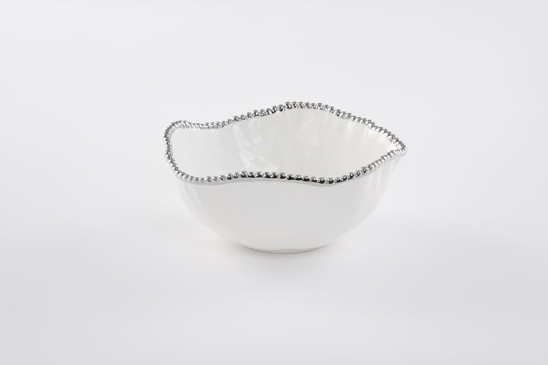 Large Ceramic White Salad Bowl with Silver Pearls