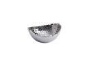 A medium-sized, oval serving bowl with a shiny silver color and a distinctive hammered texture on the entire surface.