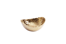 A medium-sized, oval serving bowl with a shiny gold color and a distinctive hammered texture on the entire surface.