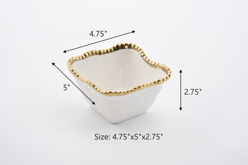 White with Gold Beads Square Snack Bowl