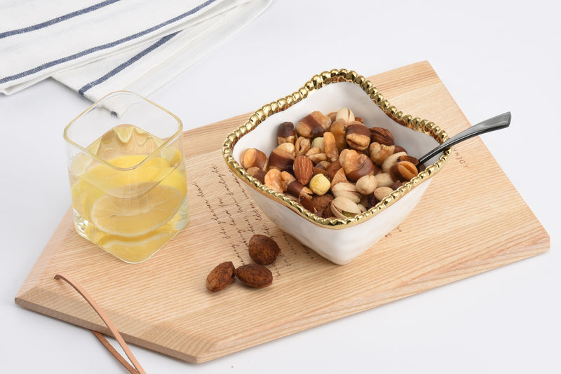 White with Gold Beads Square Snack Bowl