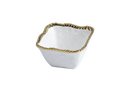 Small white porcelain snack bowl with gold titanium beaded rim from Pampa Bay, displayed on a white background.