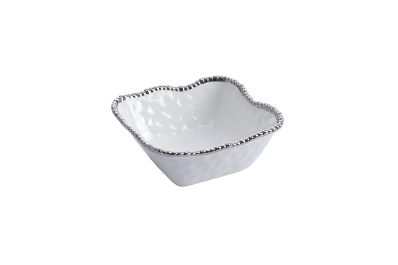 White Ceramic Bowl with Silver Pearls