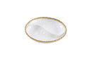 A white porcelain 2-section platter with a gold beaded rim from the Golden Salerno collection, displayed on a white background.