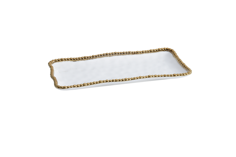 Medium Rectangular Ceramic Tray White with Gold Pearls