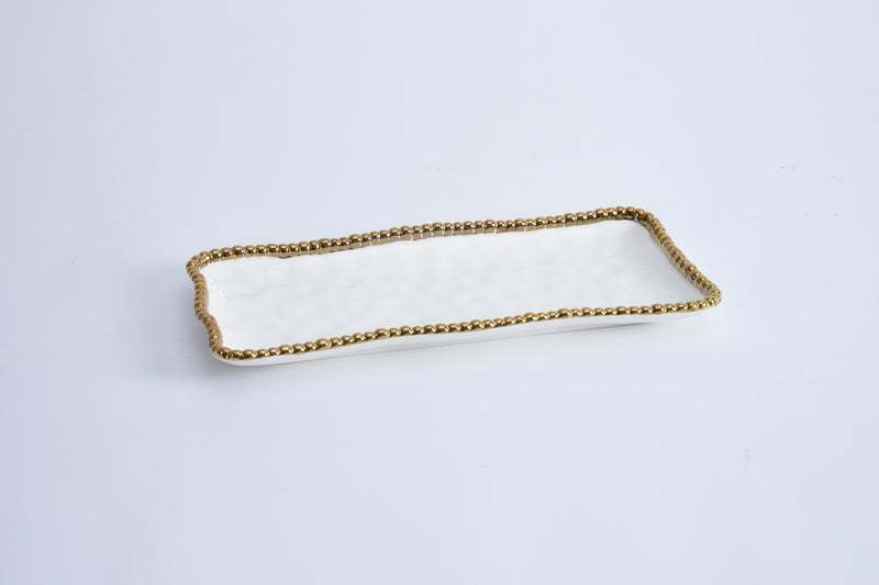 Medium Rectangular Ceramic Tray White with Gold Pearls