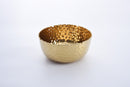 A decorative gold-colored bowl with a unique hammered texture and a ruffled, perforated edge.