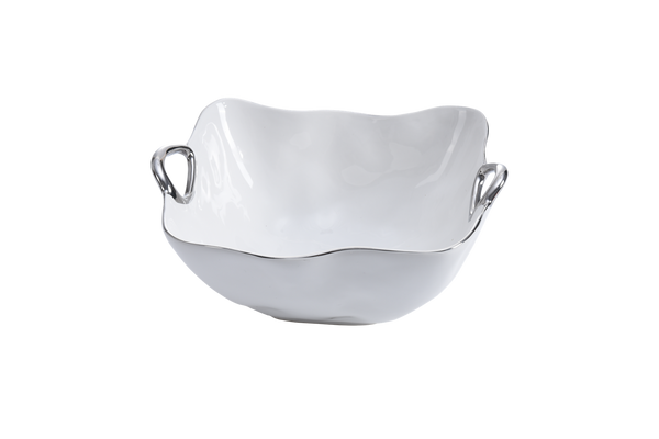 White Ceramic 8" Square Bowl with Silver Handles