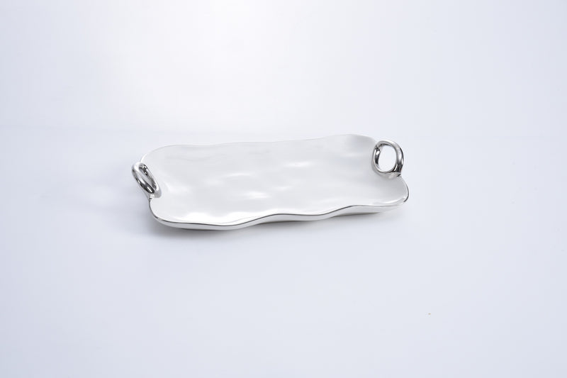 White Ceramic Medium Platter with Platinum Handles and Band