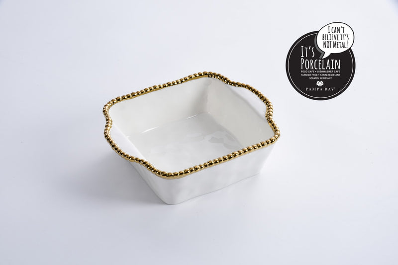 White Ceramic Square Baking Dish with Gold Pearls