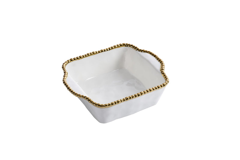 White Ceramic Square Baking Dish with Gold Pearls