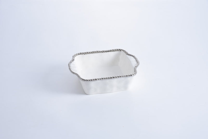 White Ceramic Square Baking Dish with Silver Pearls